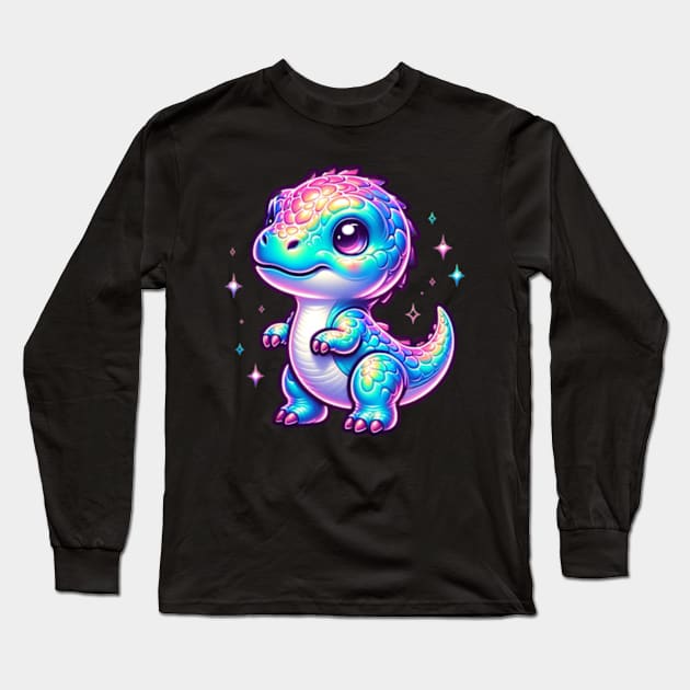 Chibi Baby Dino Neon Holographic Colorful Kawaii Long Sleeve T-Shirt by Lavender Celeste